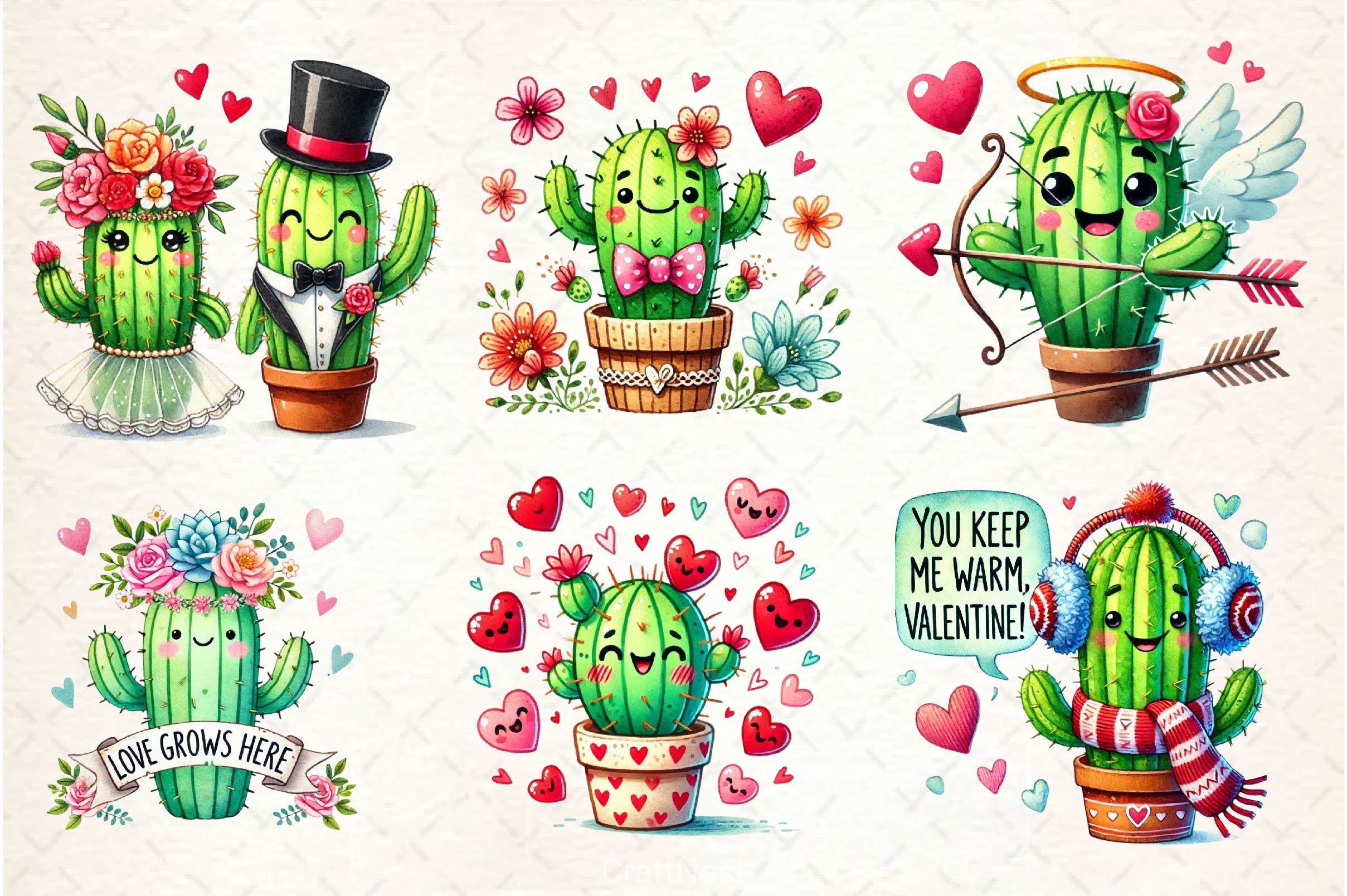 Cute Valentine Funny Cactus Clipart Bundle - CraftNest - Digital Crafting and Art