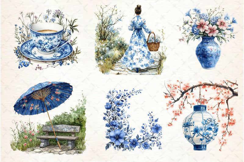 Blue Chinoiserie Spring Clipart Bundle 2 - CraftNest - Digital Crafting and Art