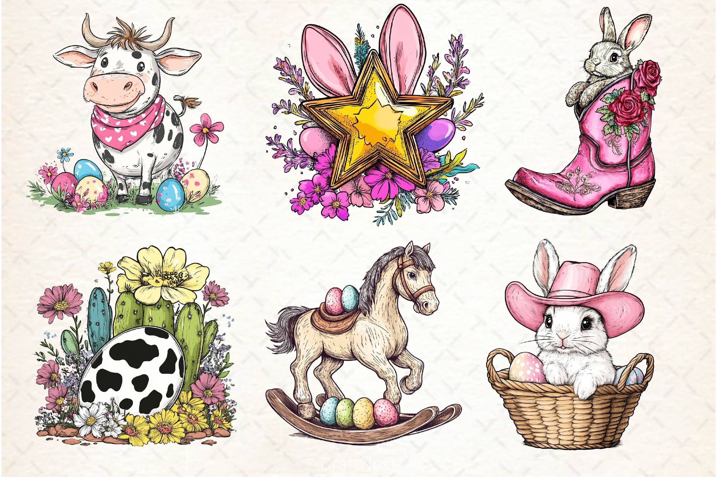 Vintage Pink Easter Western Clipart Bundle 2 - CraftNest - Digital Crafting and Art
