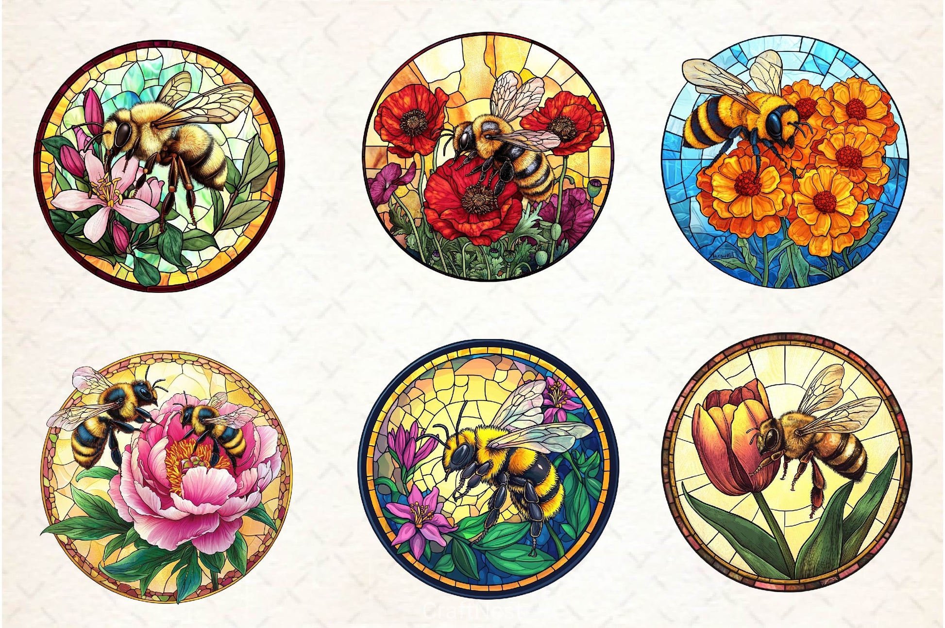 Bee With Flowers Round Stained Glass Art Clipart Bundle - CraftNest - Digital Crafting and Art