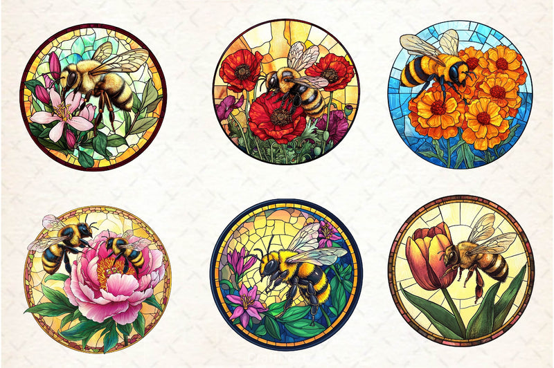 Bee With Flowers Round Stained Glass Art Clipart Bundle - CraftNest - Digital Crafting and Art