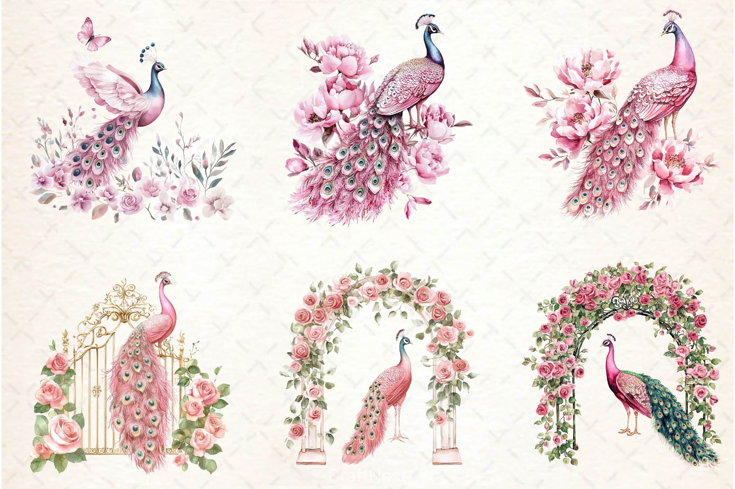 Pink Peacocks Garden Clipart Bundle 2 - CraftNest - Digital Crafting and Art