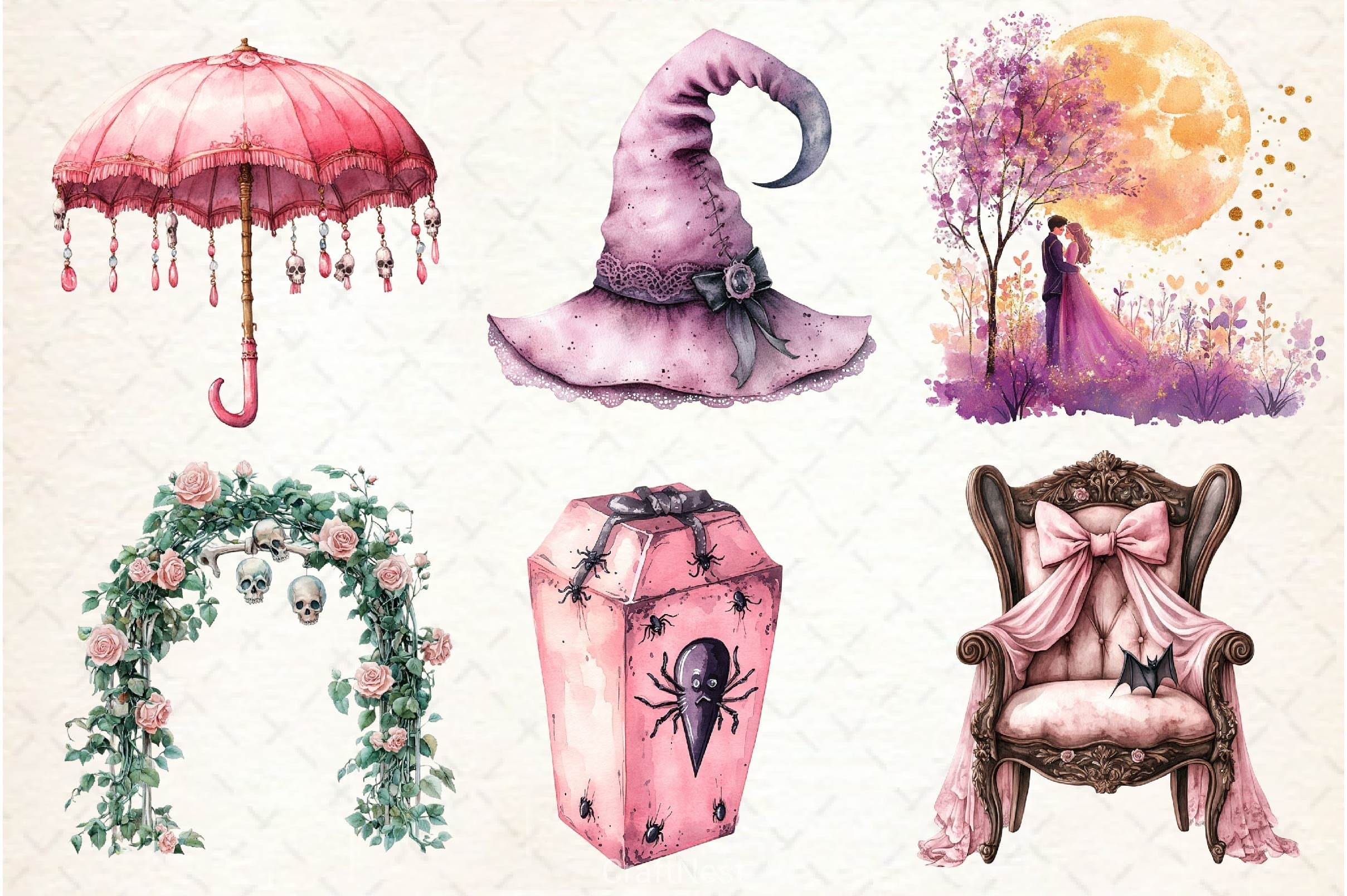 Pink Halloween Witch Wedding Clipart Bundle - CraftNest - Digital Crafting and Art