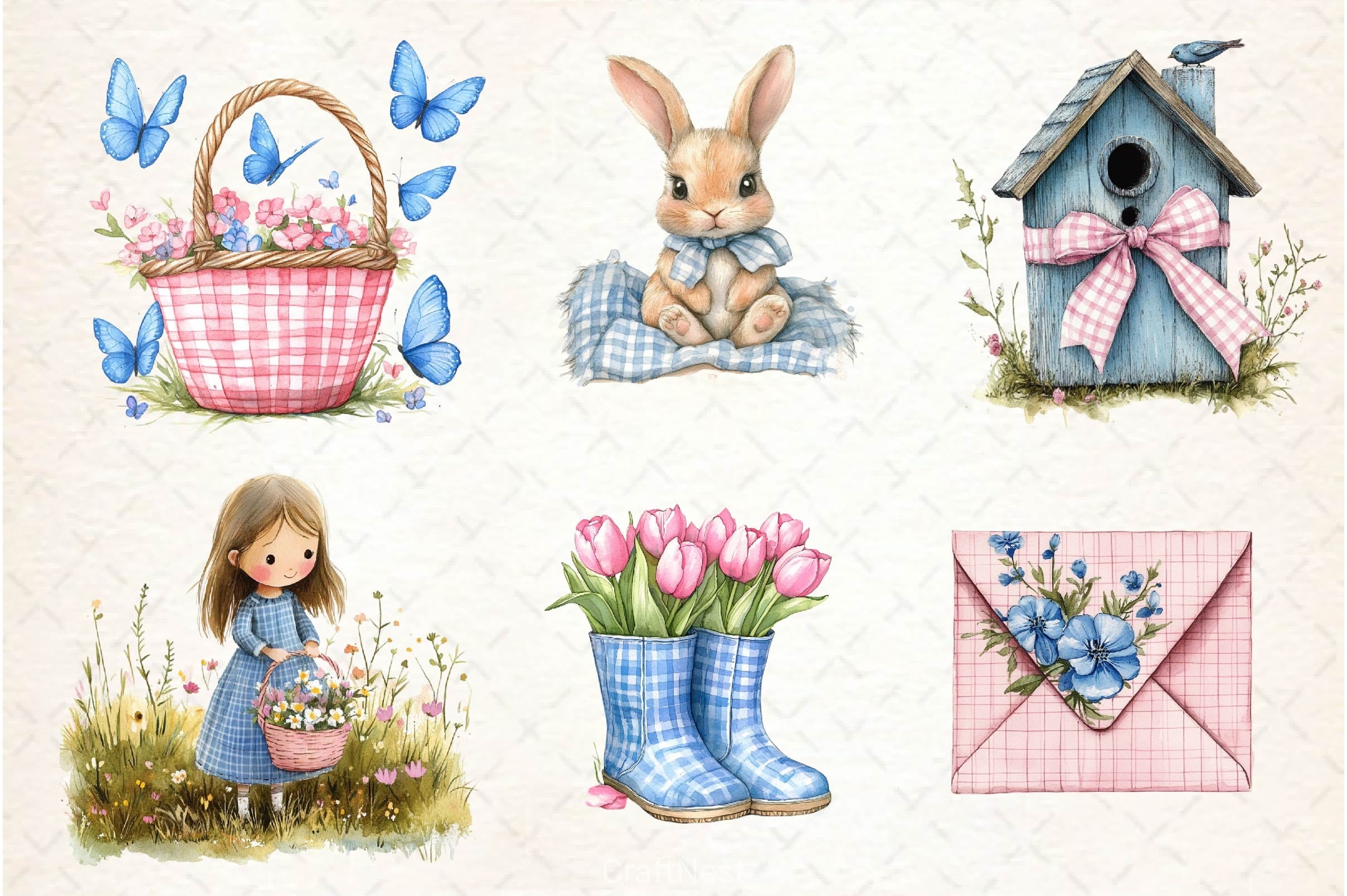 Blue & Pink Gingham Spring Clipart Bundle 10 - CraftNest - Digital Crafting and Art