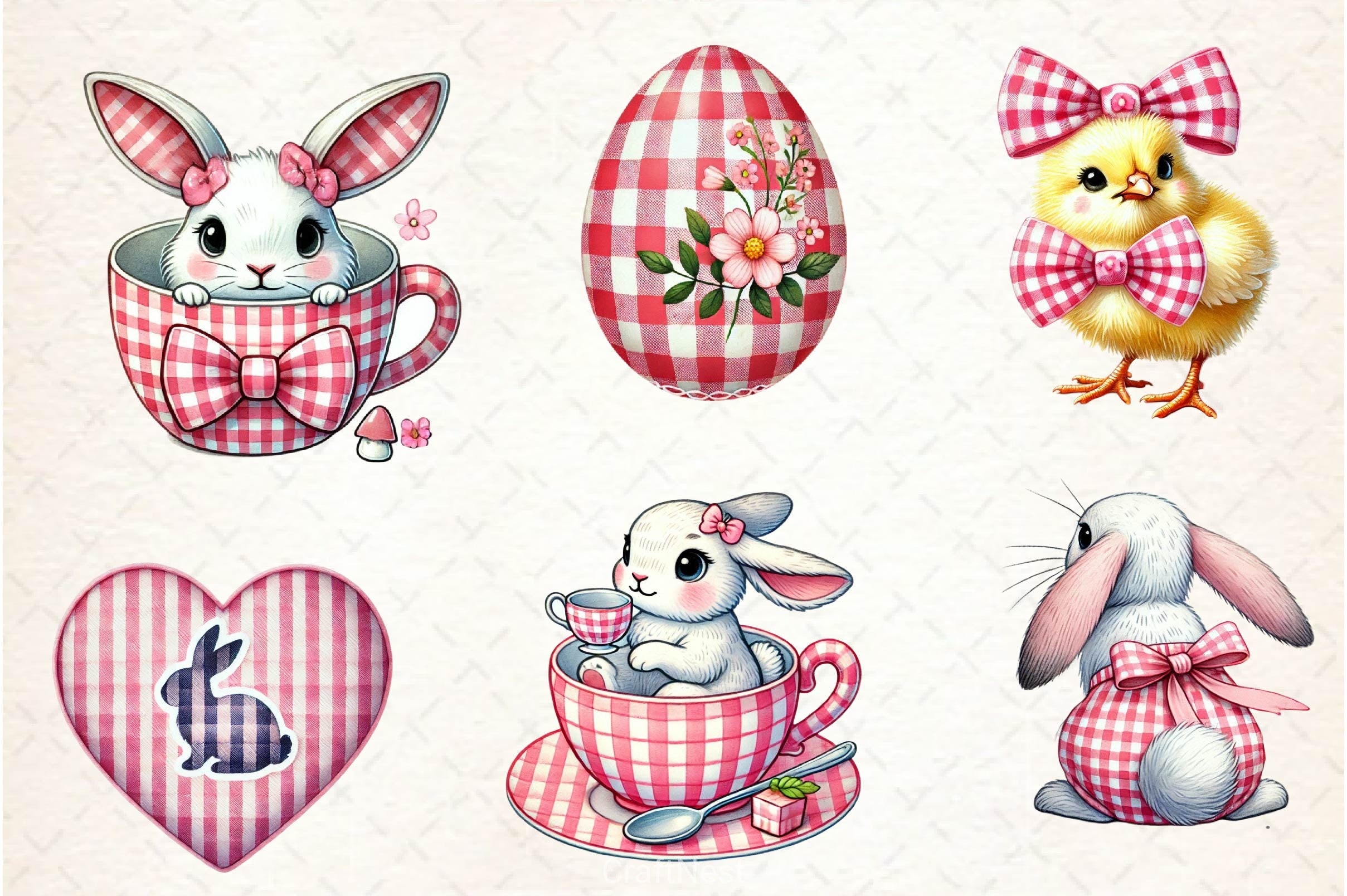 Pink Easter Gingham Ceramic Clipart Bundle 2 - CraftNest - Digital Crafting and Art