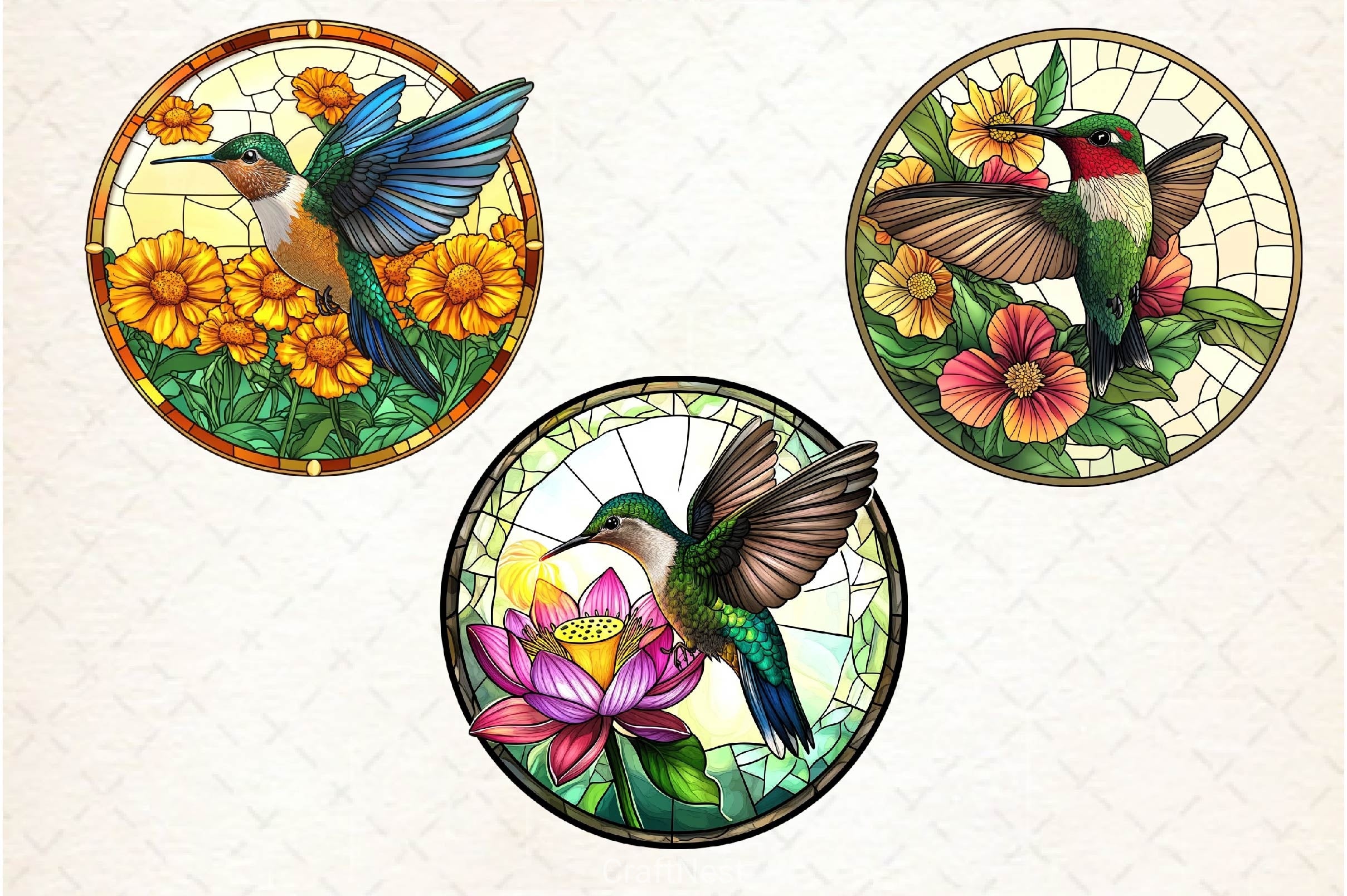 Hummingbird Flowers Round Stained Glass Clipart Bundle - CraftNest - Digital Crafting and Art