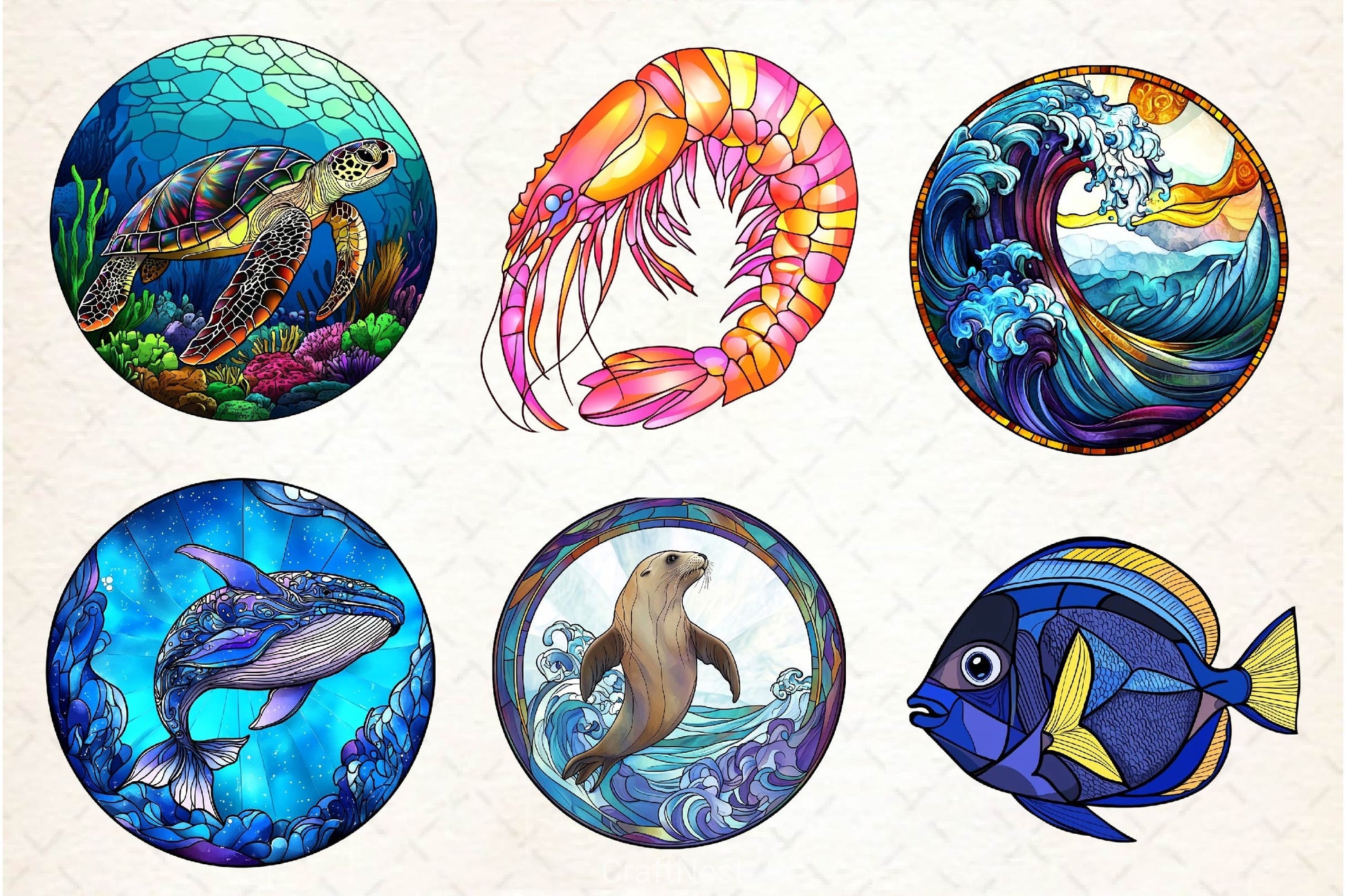Round Stained Glass Sea Animals Clipart Bundle - CraftNest - Digital Crafting and Art
