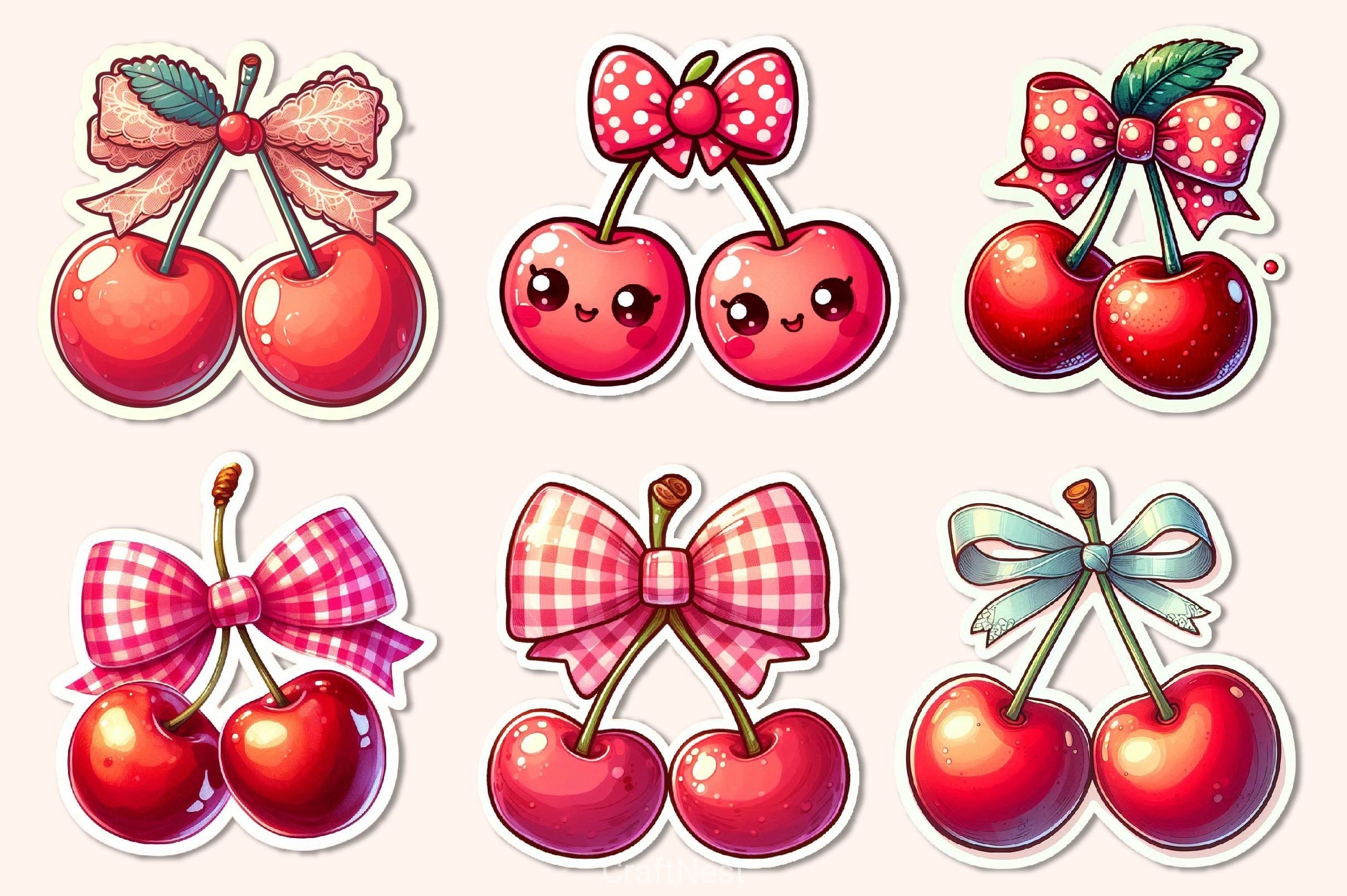 Kawaii Cherry With Bow Clipart Bundle - CraftNest - Digital Crafting and Art