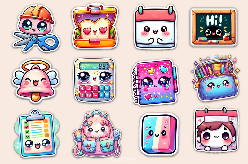 Kawaii School Stickers Clipart Bundle - CraftNest - Digital Crafting and Art