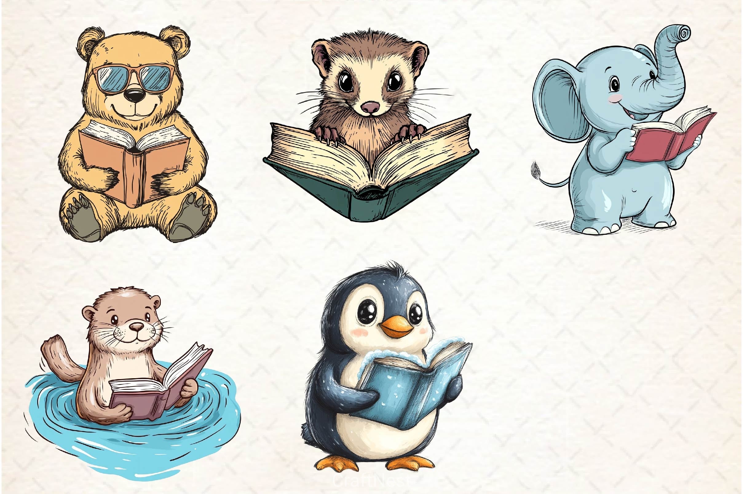 Funny Animals Reading Book Clipart Bundle 3 - CraftNest - Digital Crafting and Art