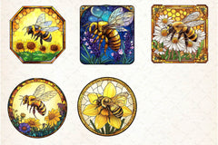 Bee With Flowers Round Stained Glass Art Clipart Bundle - CraftNest - Digital Crafting and Art