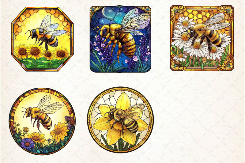 Bee With Flowers Round Stained Glass Art Clipart Bundle - CraftNest - Digital Crafting and Art