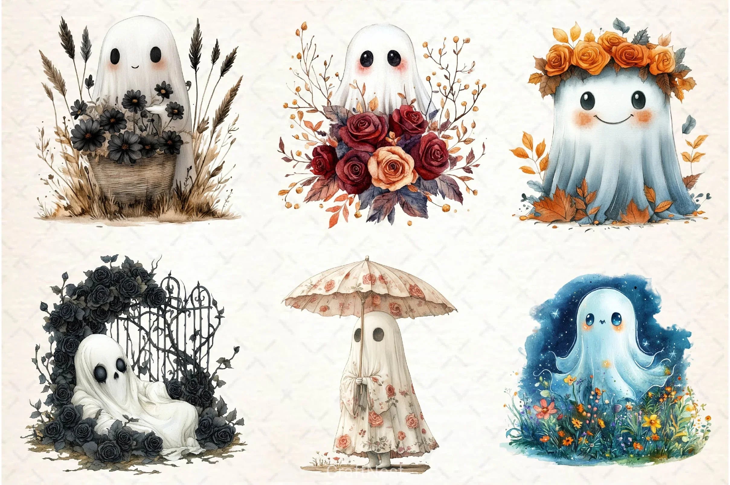 Halloween Floral Ghost Clipart Bundle 3 - CraftNest - Digital Crafting and Art