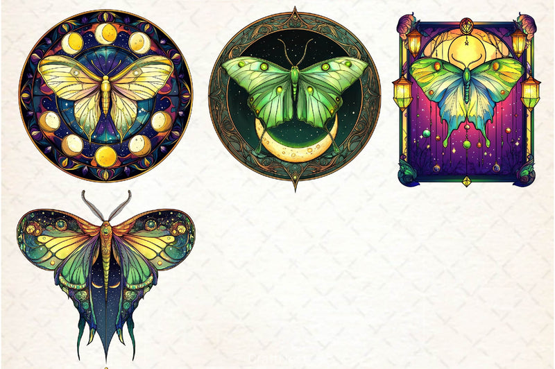 Lunar Moth And Moon Round Stained Glass Clipart Bundle 2 - CraftNest - Digital Crafting and Art