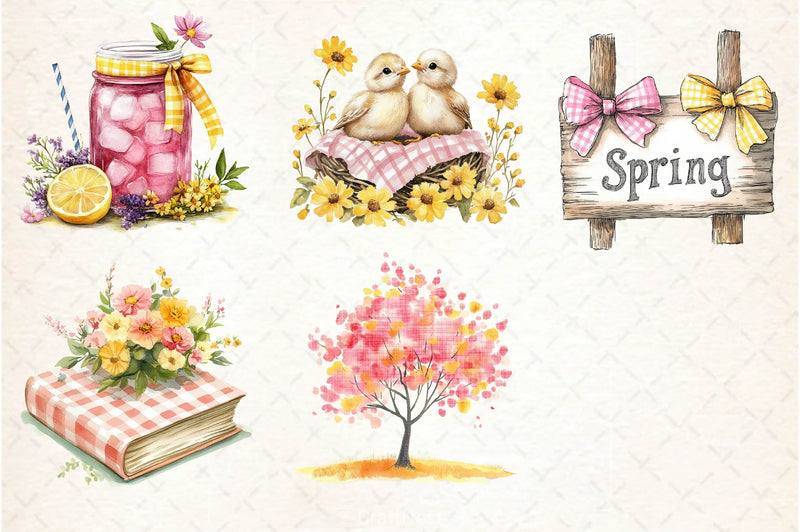 Yellow & Pink Gingham Spring Clipart Bundle - CraftNest - Digital Crafting and Art
