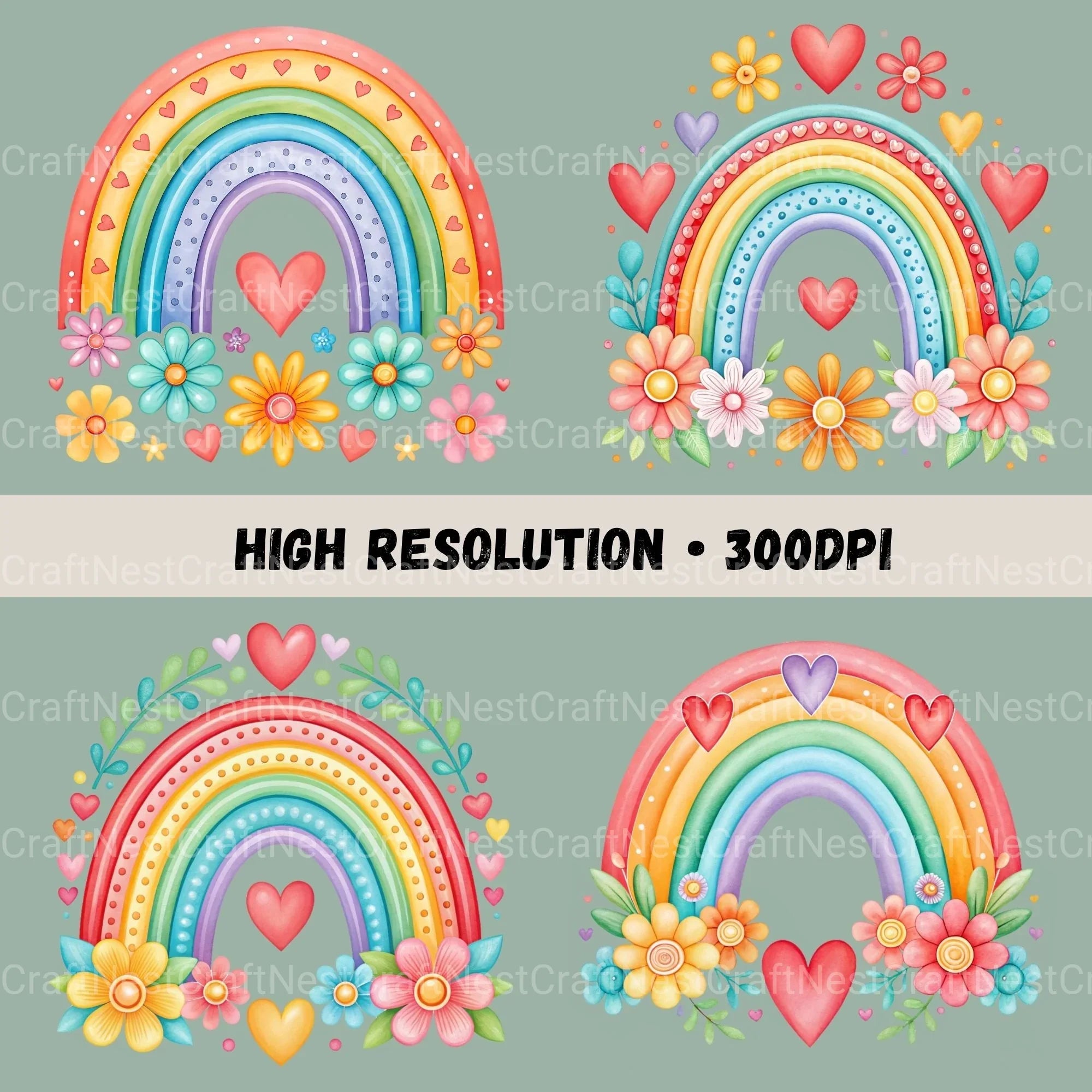 Rainbows Hearts Flowers Clipart Bundle - CraftNest - Digital Crafting and Art