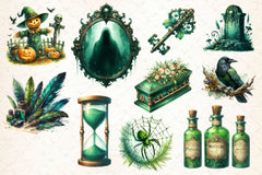 Antique Green Halloween Set Clipart Bundle 2 - CraftNest - Digital Crafting and Art