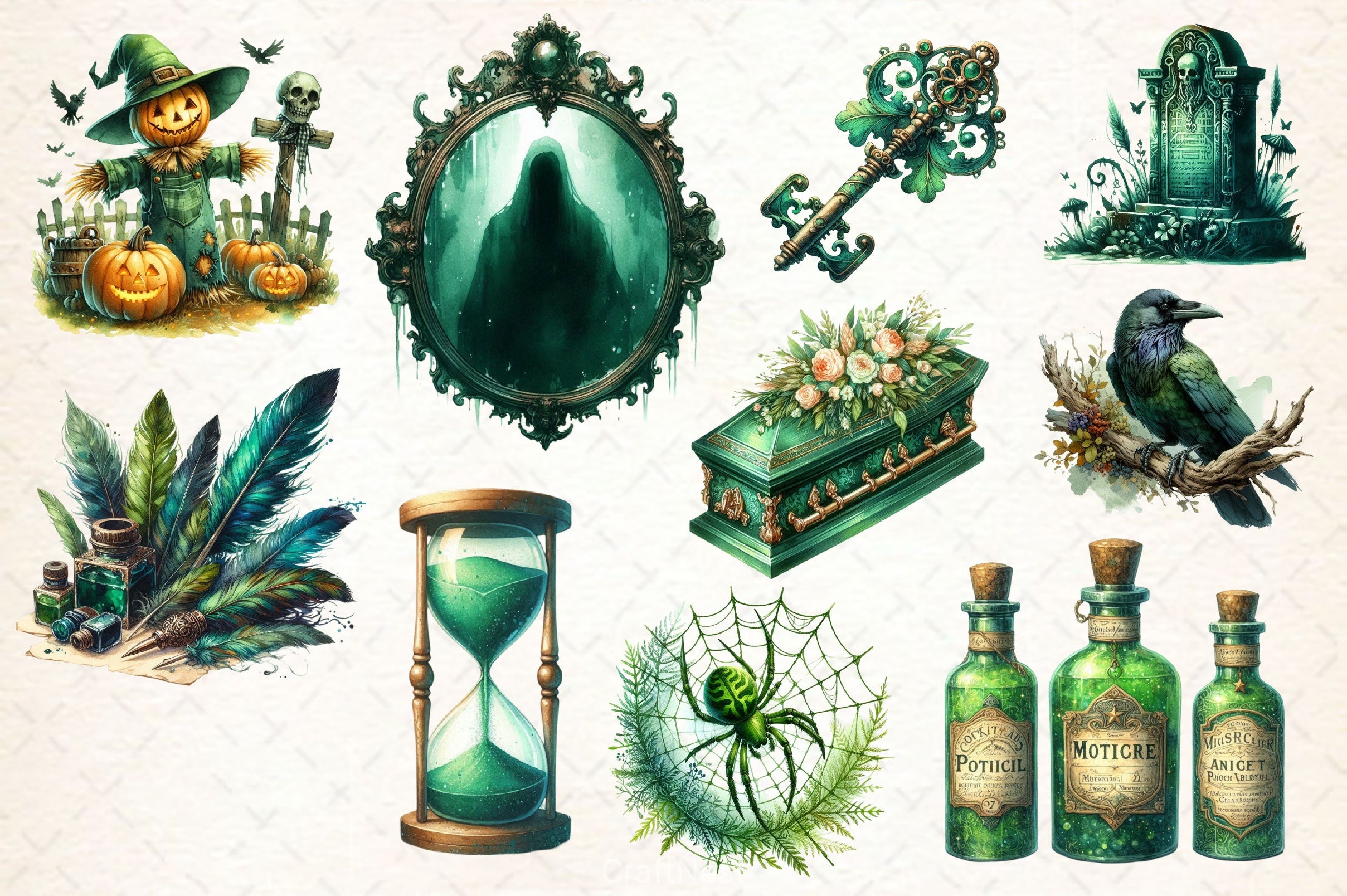 Antique Green Halloween Set Clipart Bundle 2 - CraftNest - Digital Crafting and Art