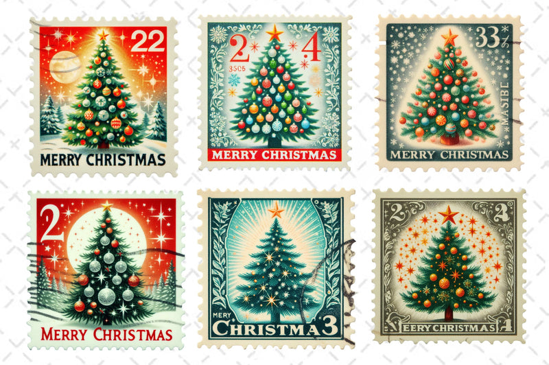 Christmas Tree Postage Stamps Clipart Bundle - CraftNest - Digital Crafting and Art