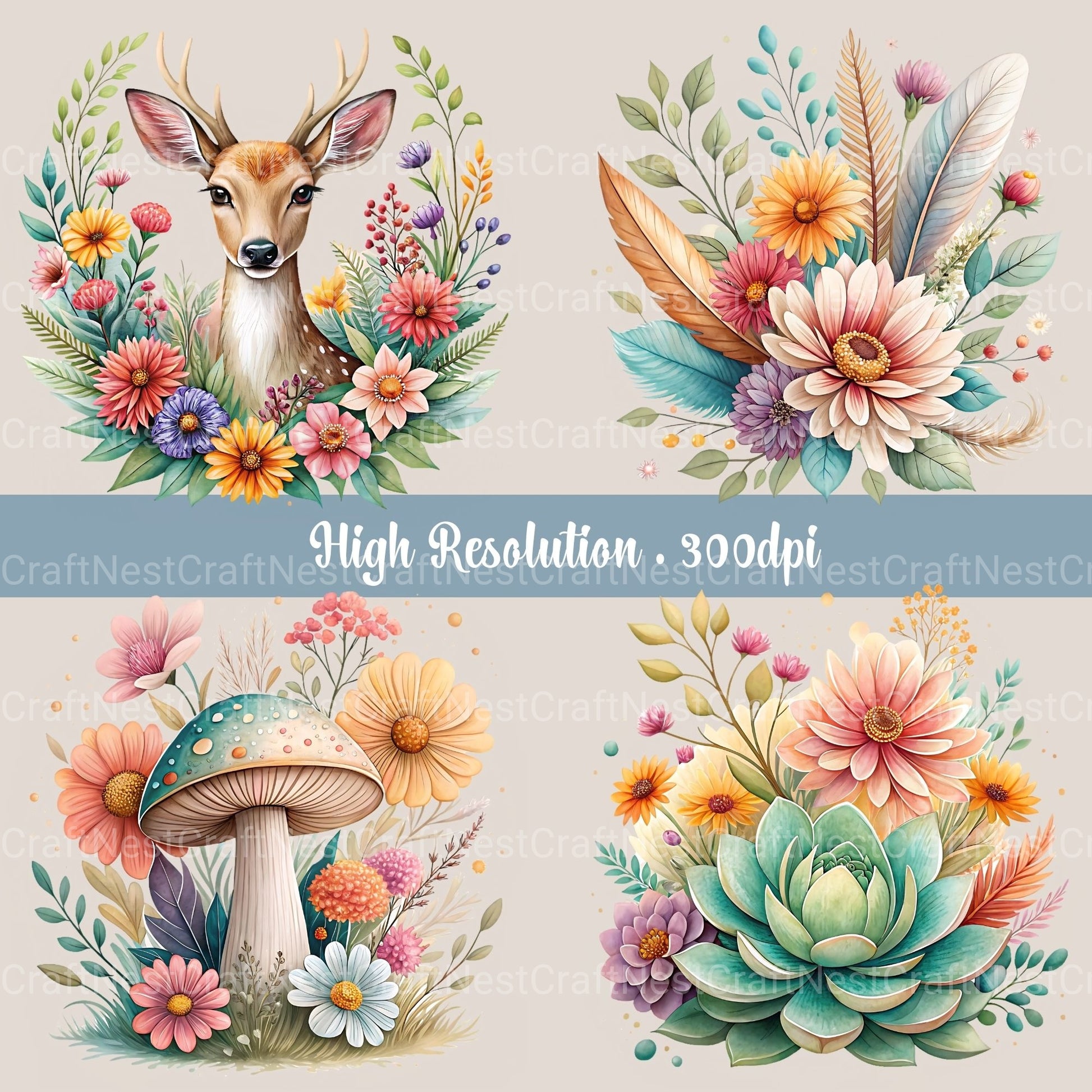 Boho Floral Clipart Bundle - CraftNest - Digital Crafting and Art