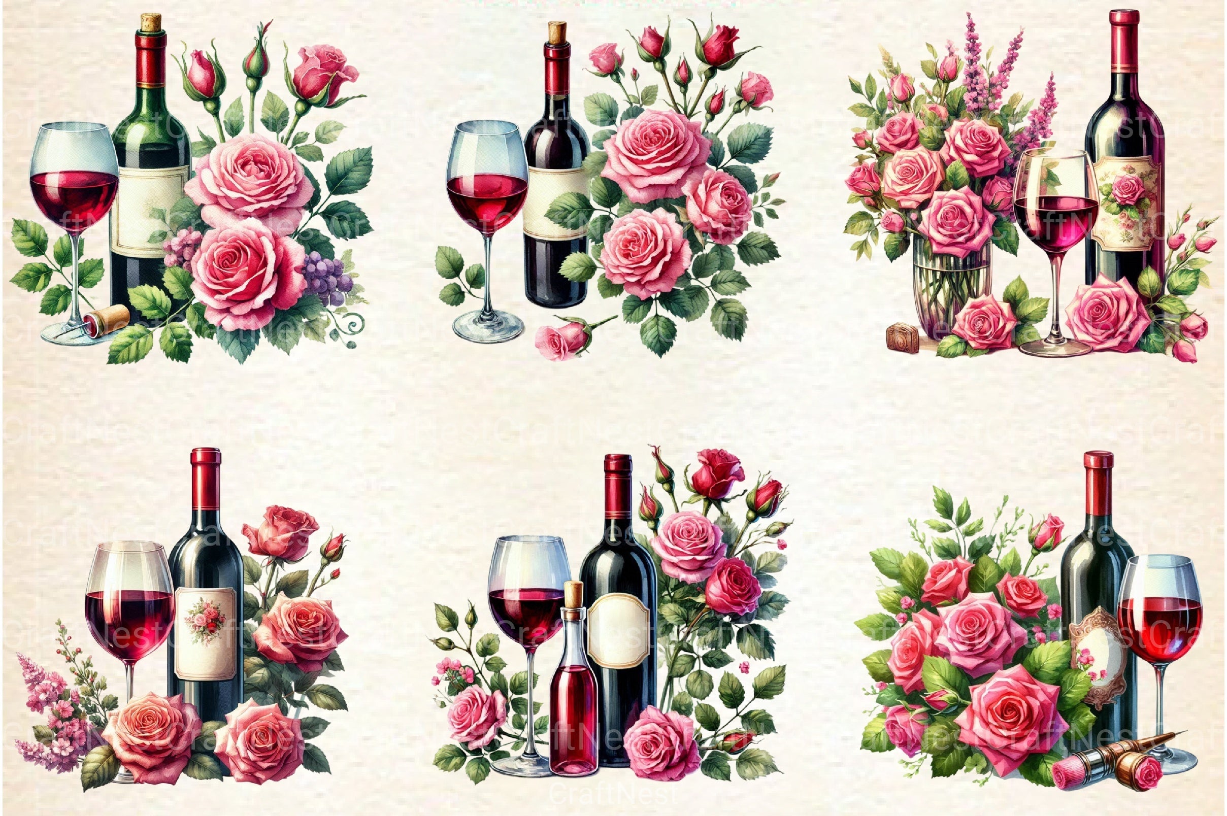 Roses and Wine Clipart Bundle - CraftNest - Digital Crafting and Art