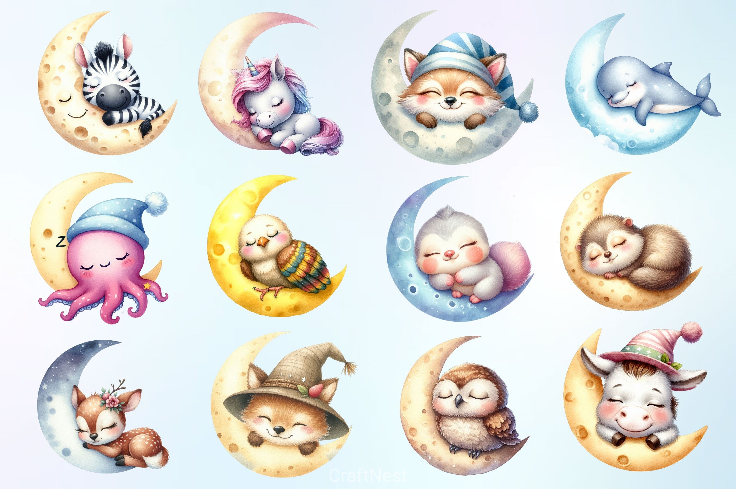 Cute Animals Sleep On Moon Clipart Bundle 4 - CraftNest - Digital Crafting and Art