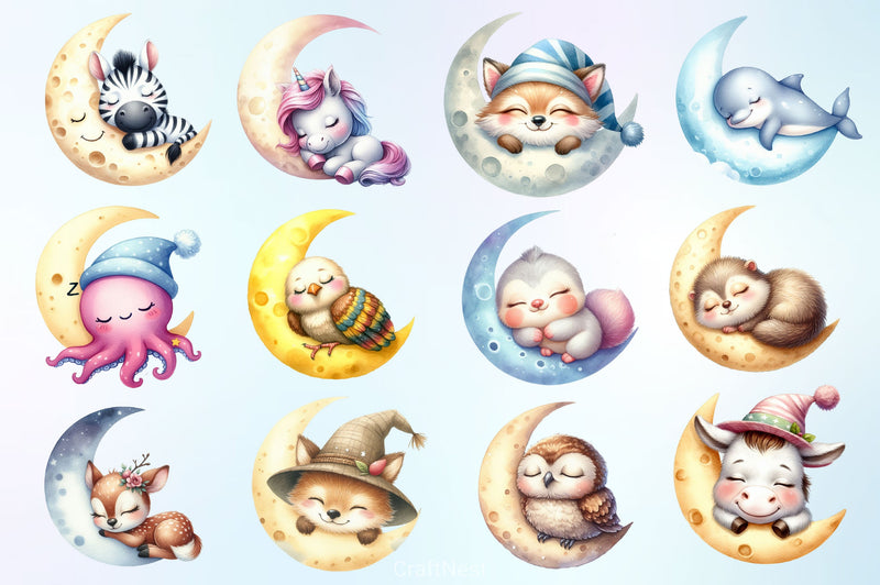 Cute Animals Sleep On Moon Clipart Bundle 4 - CraftNest - Digital Crafting and Art