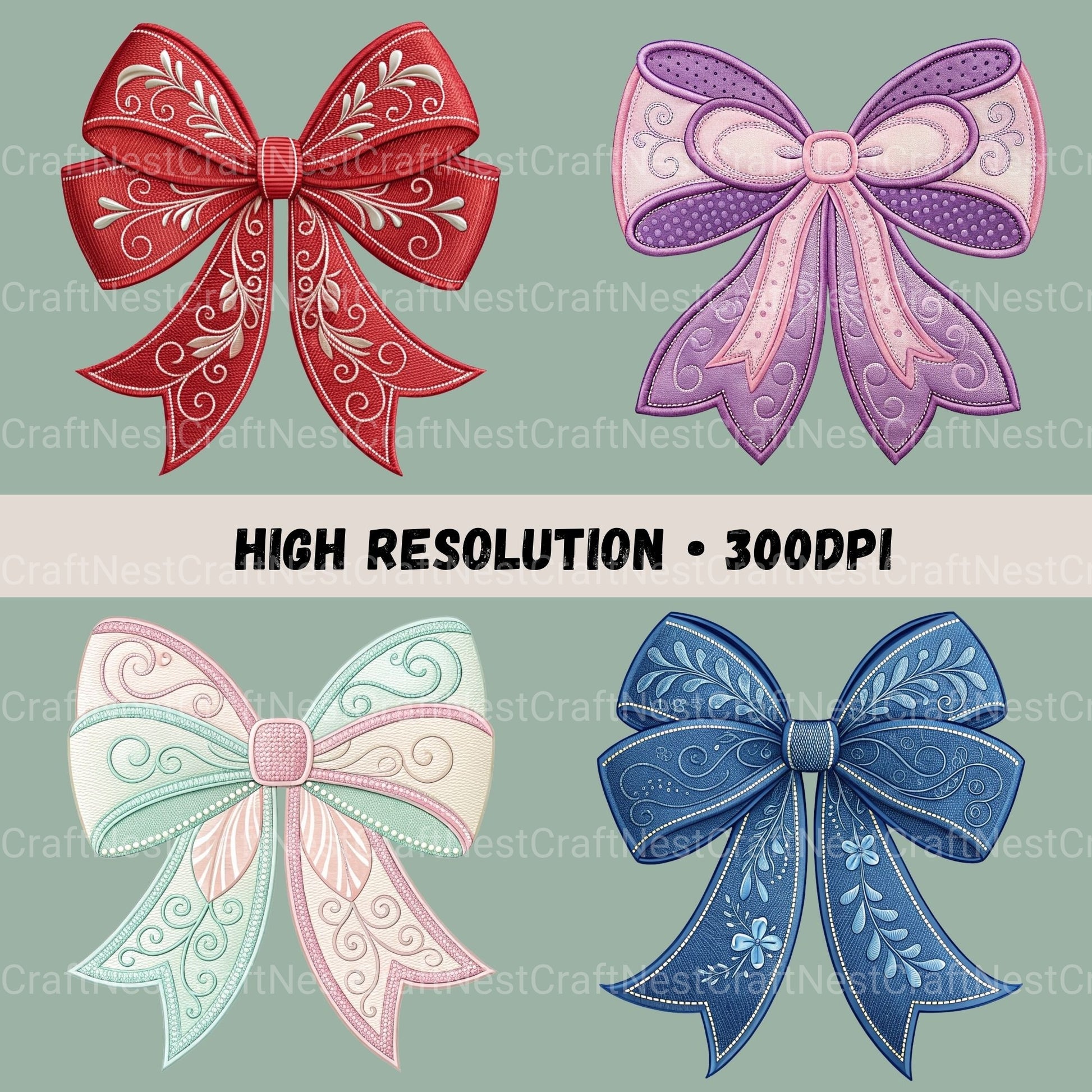 Embroidery Style Bows Clipart Bundle - CraftNest - Digital Crafting and Art
