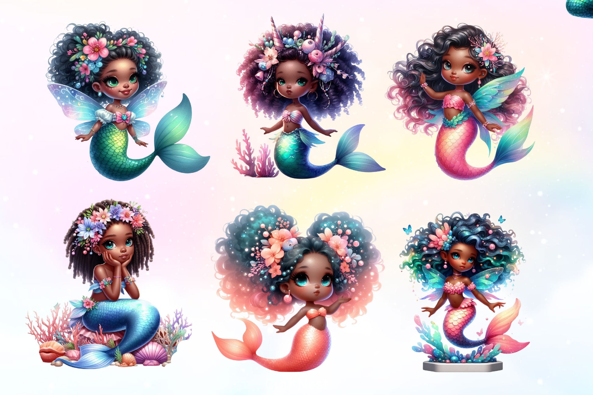 Cute African Mermaid Clipart Bundle - CraftNest - Digital Crafting and Art