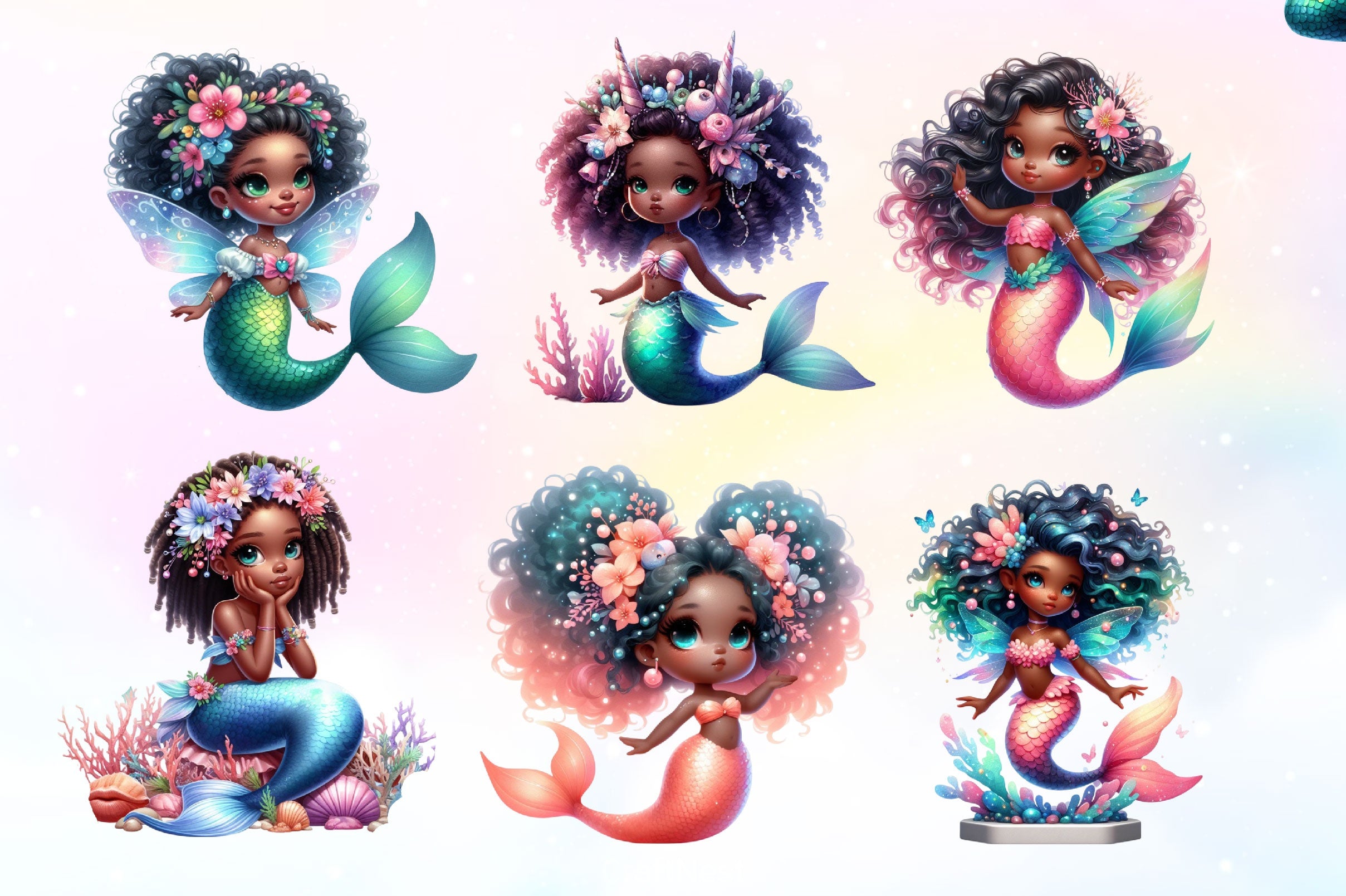 Cute African Mermaid Clipart Bundle - CraftNest - Digital Crafting and Art