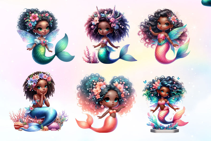 Cute African Mermaid Clipart Bundle - CraftNest - Digital Crafting and Art