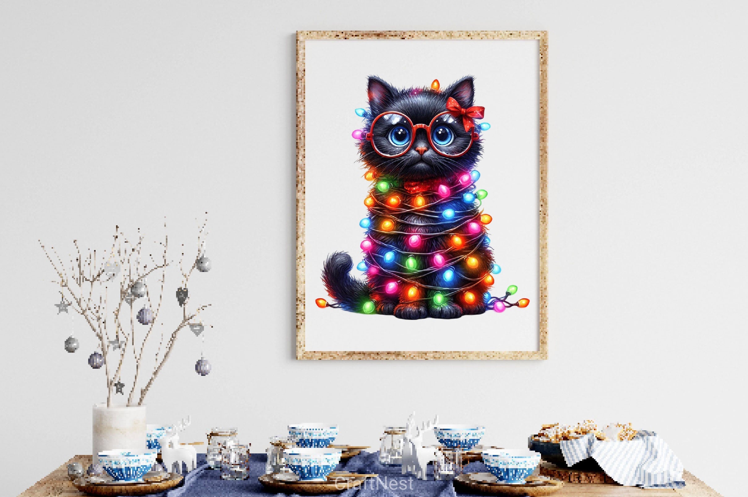 Funny Black Cat With Christmas Lights Clipart Bundle - CraftNest - Digital Crafting and Art