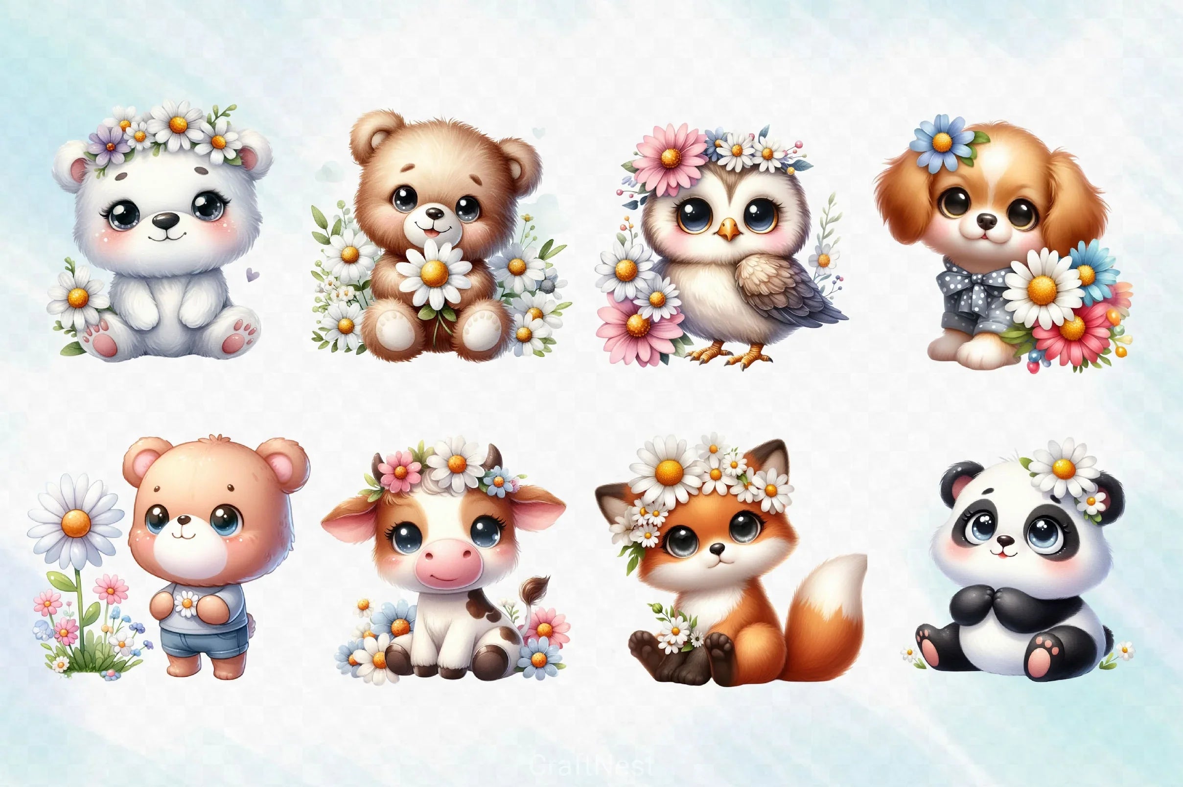 Cute Animals Daisy Flowers Clipart Bundle 2 - CraftNest - Digital Crafting and Art