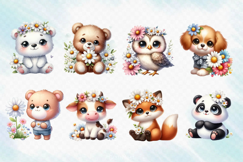 Cute Animals Daisy Flowers Clipart Bundle 2 - CraftNest - Digital Crafting and Art