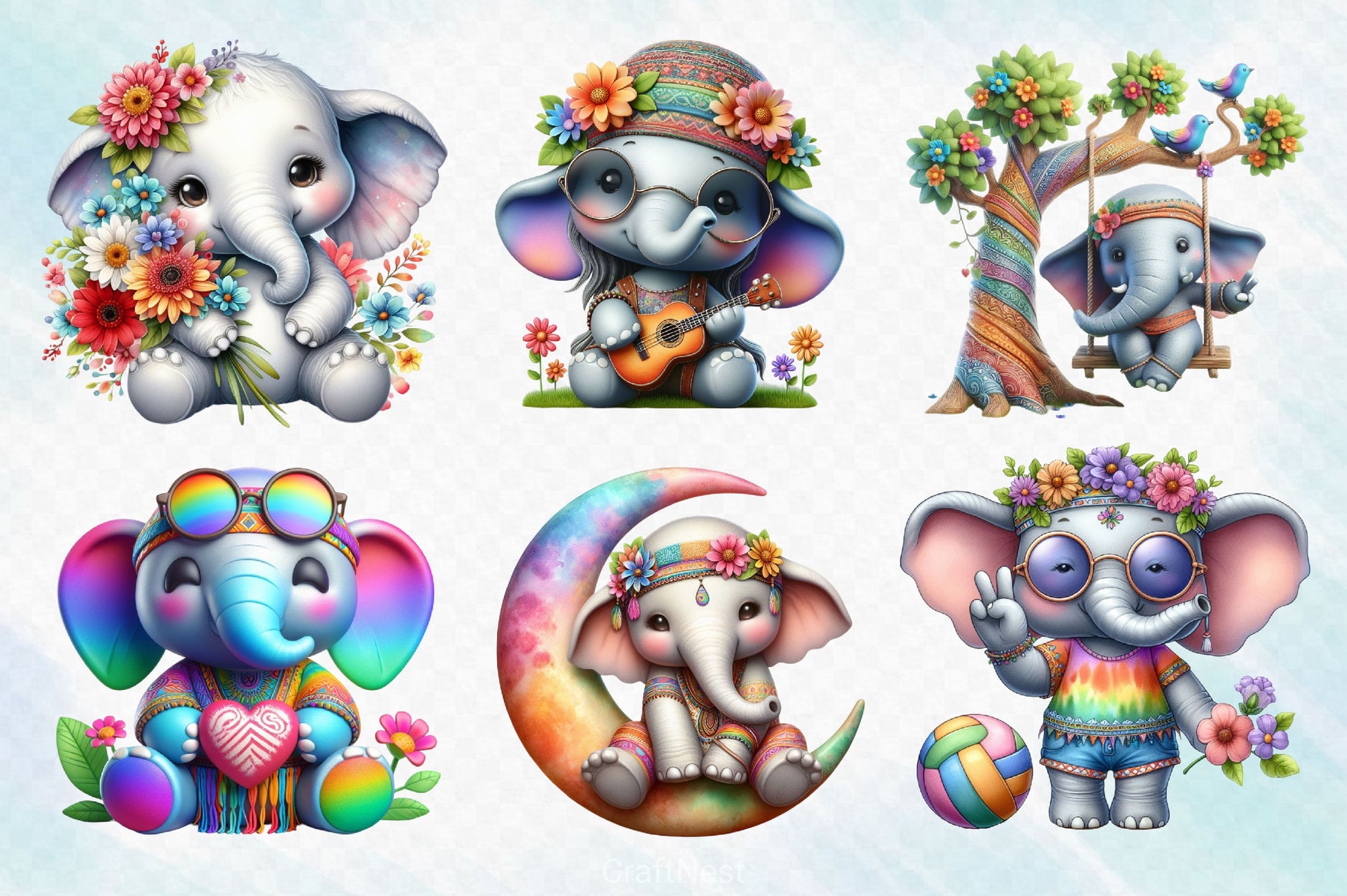 Hippie Cute Elephant Clipart Bundle - CraftNest - Digital Crafting and Art