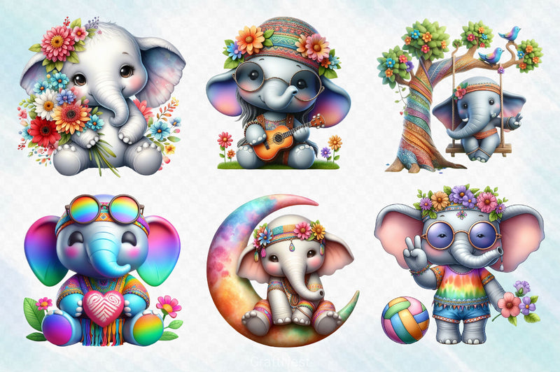 Hippie Cute Elephant Clipart Bundle - CraftNest - Digital Crafting and Art