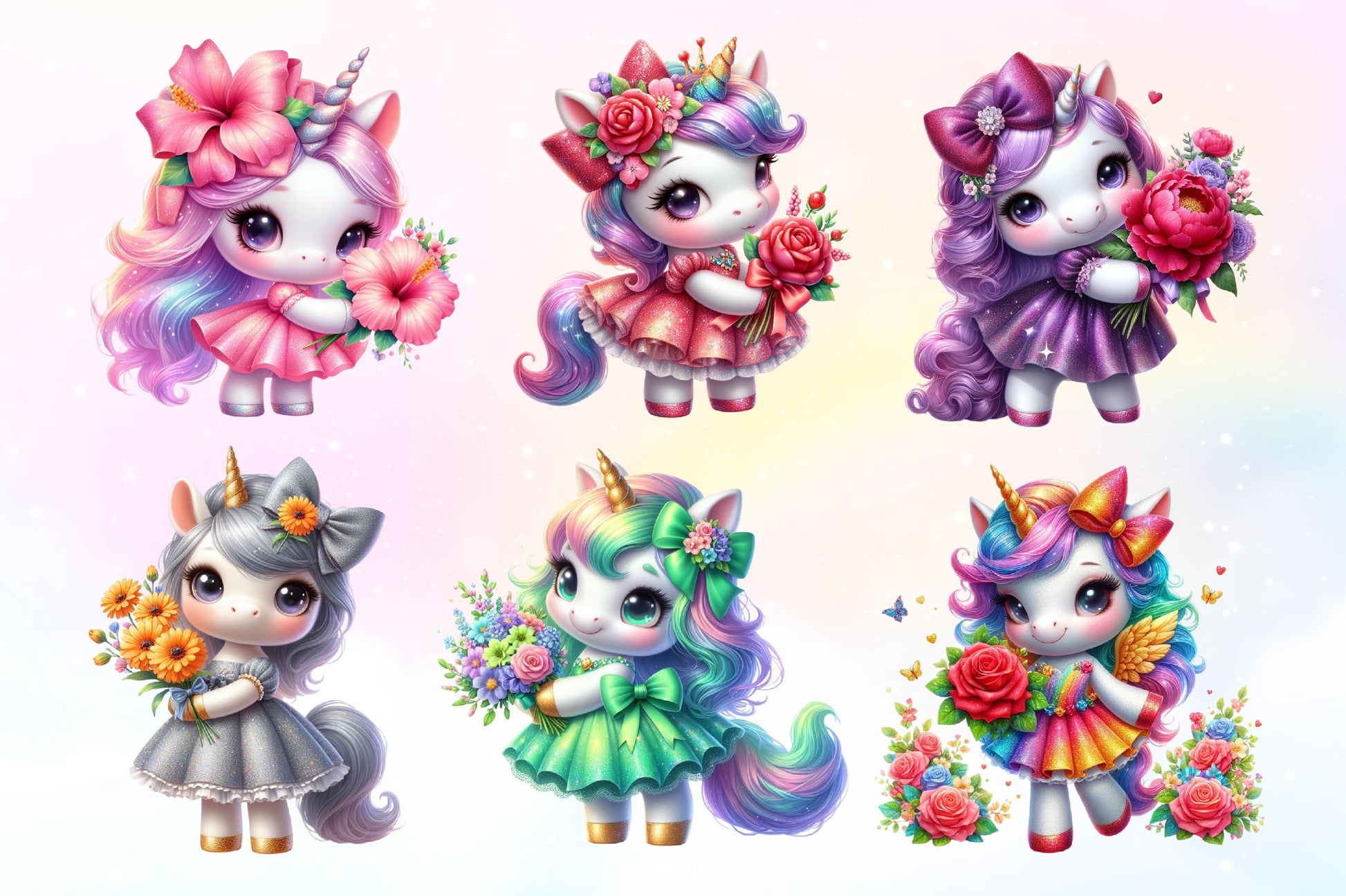 Cute Unicorn With Flower Clipart Bundle - CraftNest - Digital Crafting and Art