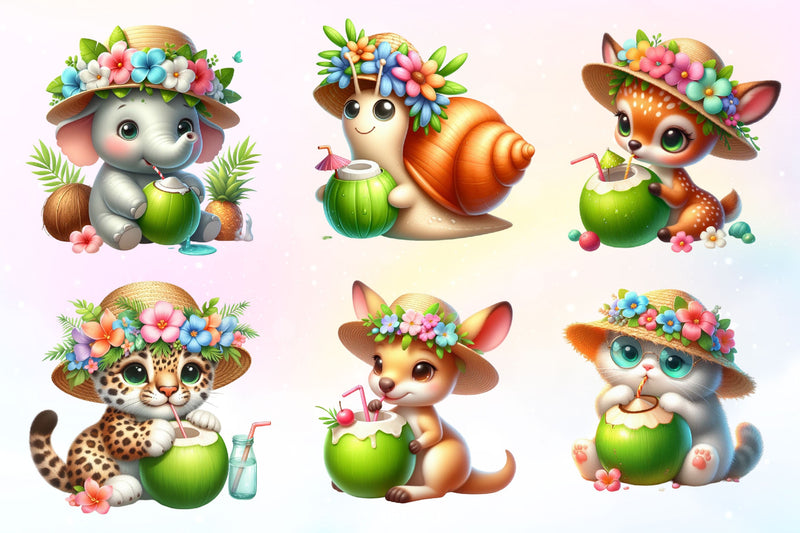 Summer Animals Eating Green Coconut Clipart Bundle 2 - CraftNest - Digital Crafting and Art