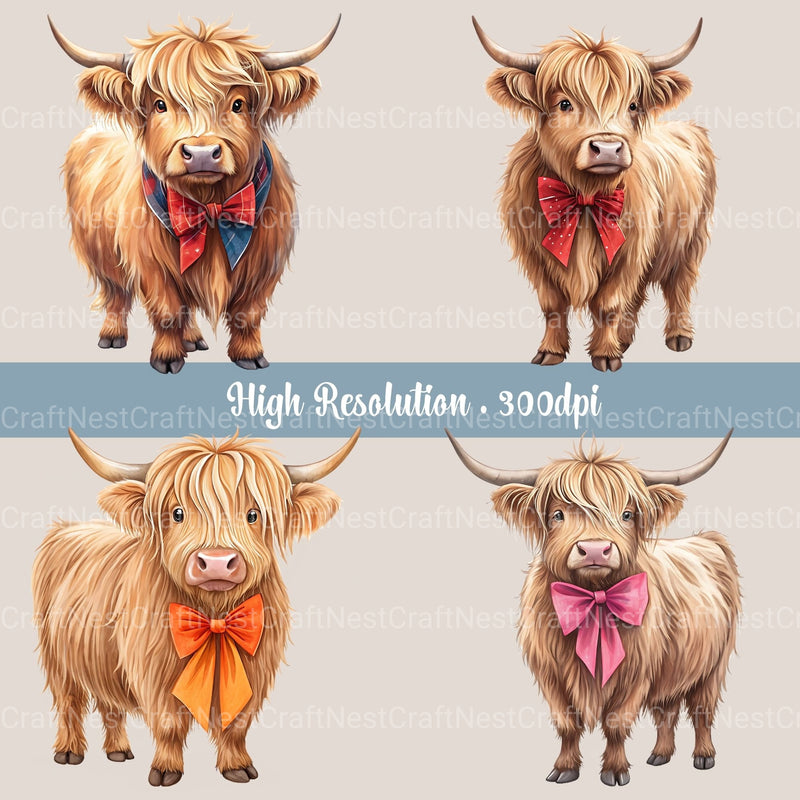 Coquette Highland Cows Clipart Bundle - CraftNest - Digital Crafting and Art