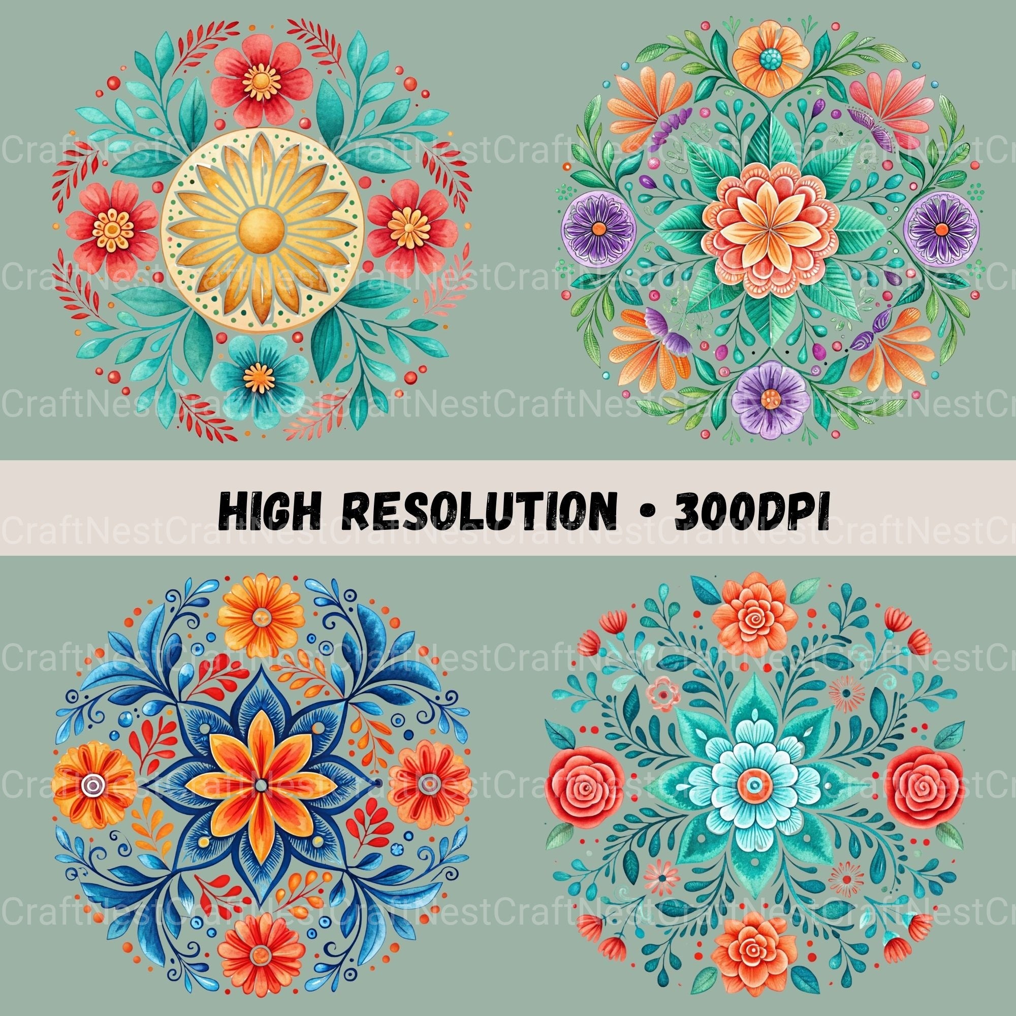 Fiesta Flowers Circle Clipart Bundle - CraftNest - Digital Crafting and Art