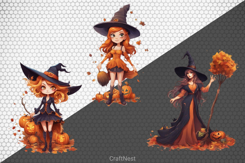 Cute Witch Girl Halloween Clipart Bundle - CraftNest - Digital Crafting and Art