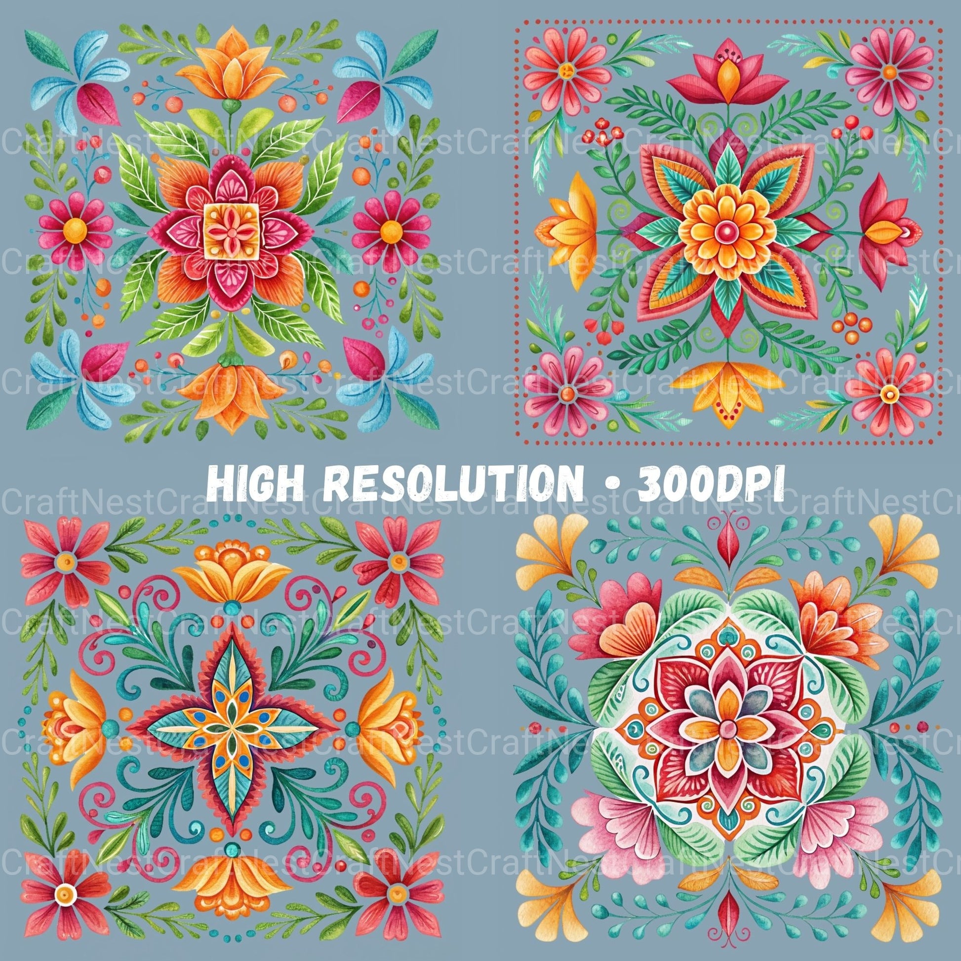 Mexican Embroidery Flowers Clipart Bundle - CraftNest - Digital Crafting and Art