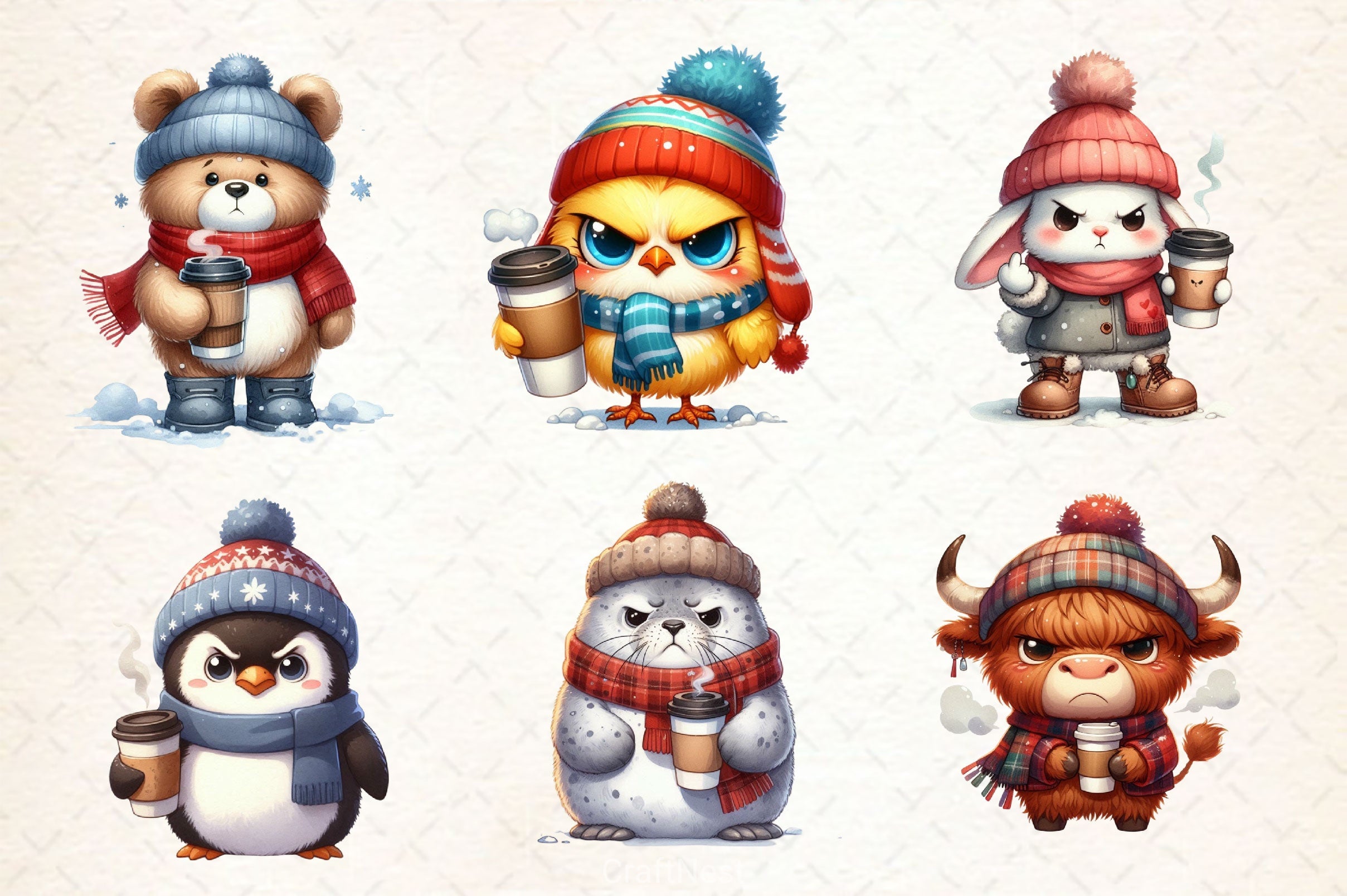 Winter Grumpy Animal Coffee Clipart Bundle 2 - CraftNest - Digital Crafting and Art