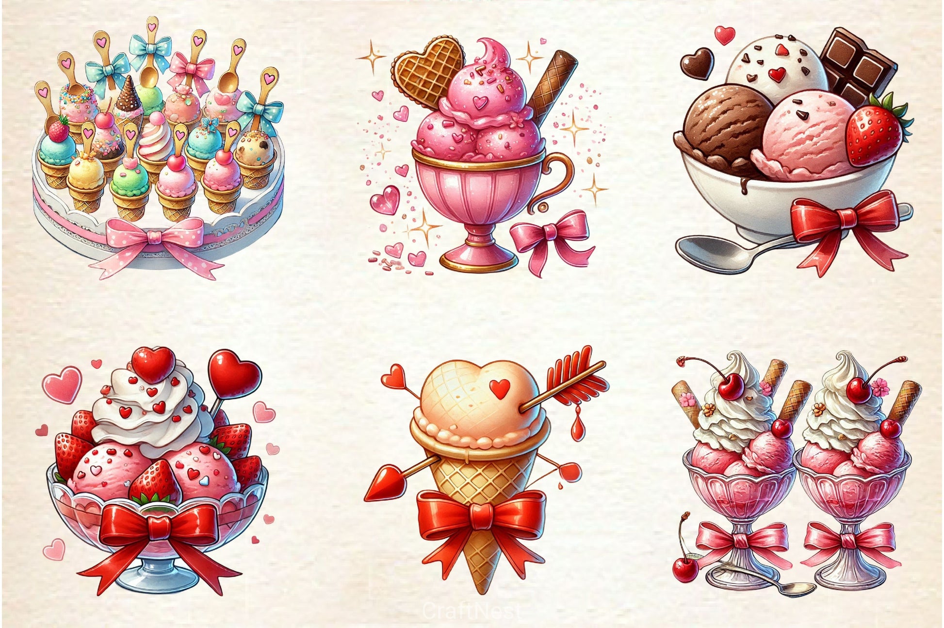 Valentines Ice Cream With Bows Clipart Bundle 2 - CraftNest - Digital Crafting and Art