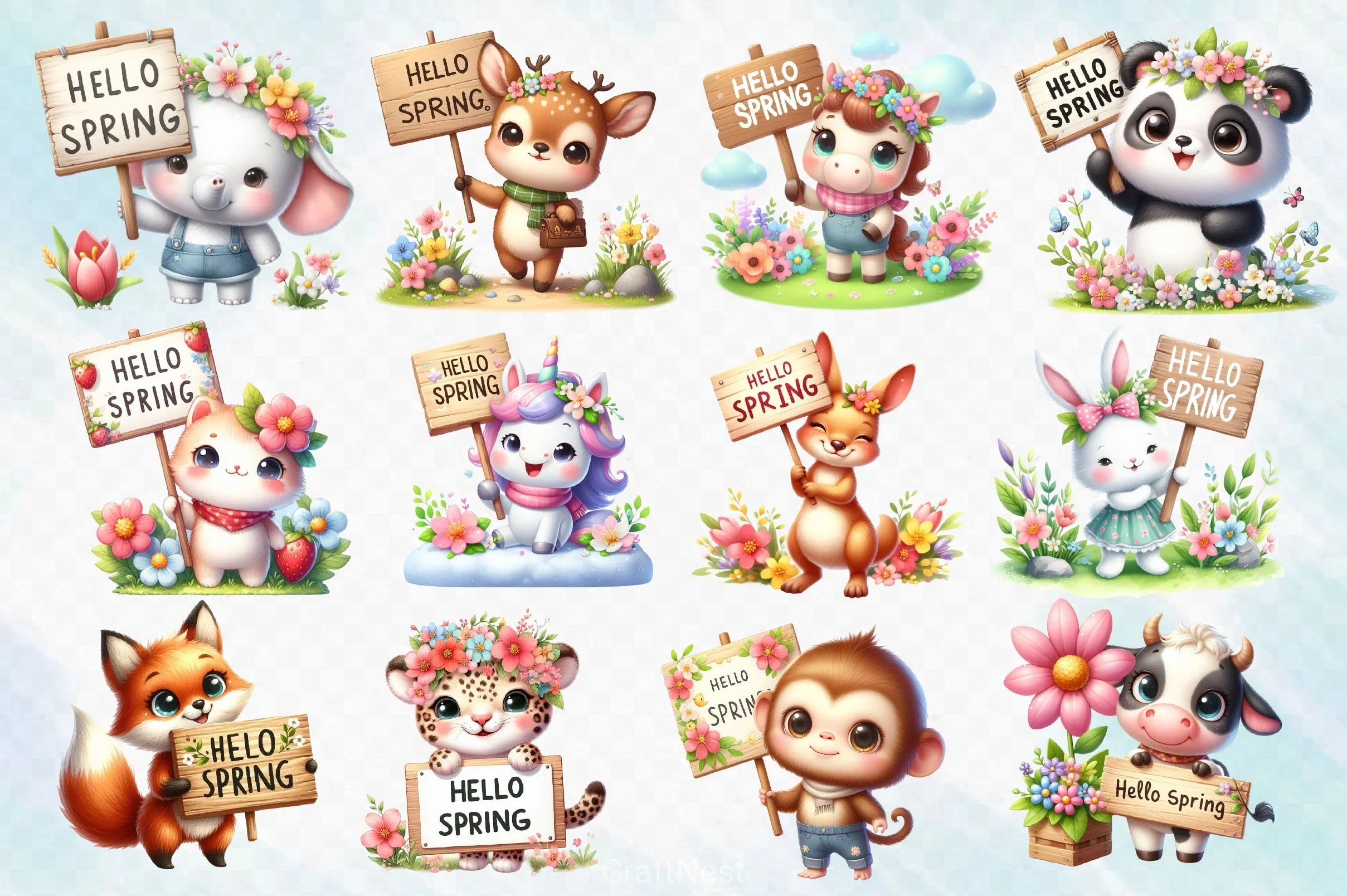 Animal Hello Spring Clipart Bundle