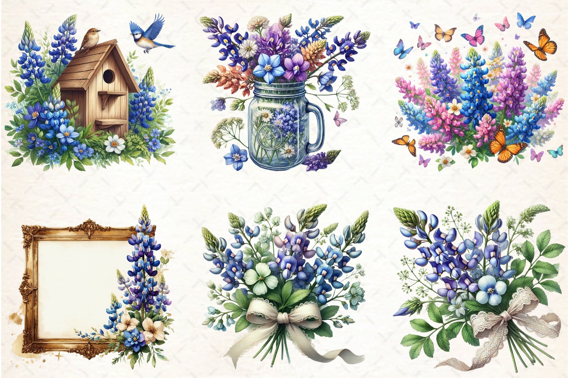 Vintage Blue Bonnet Flowers Clipart Bundle - CraftNest - Digital Crafting and Art