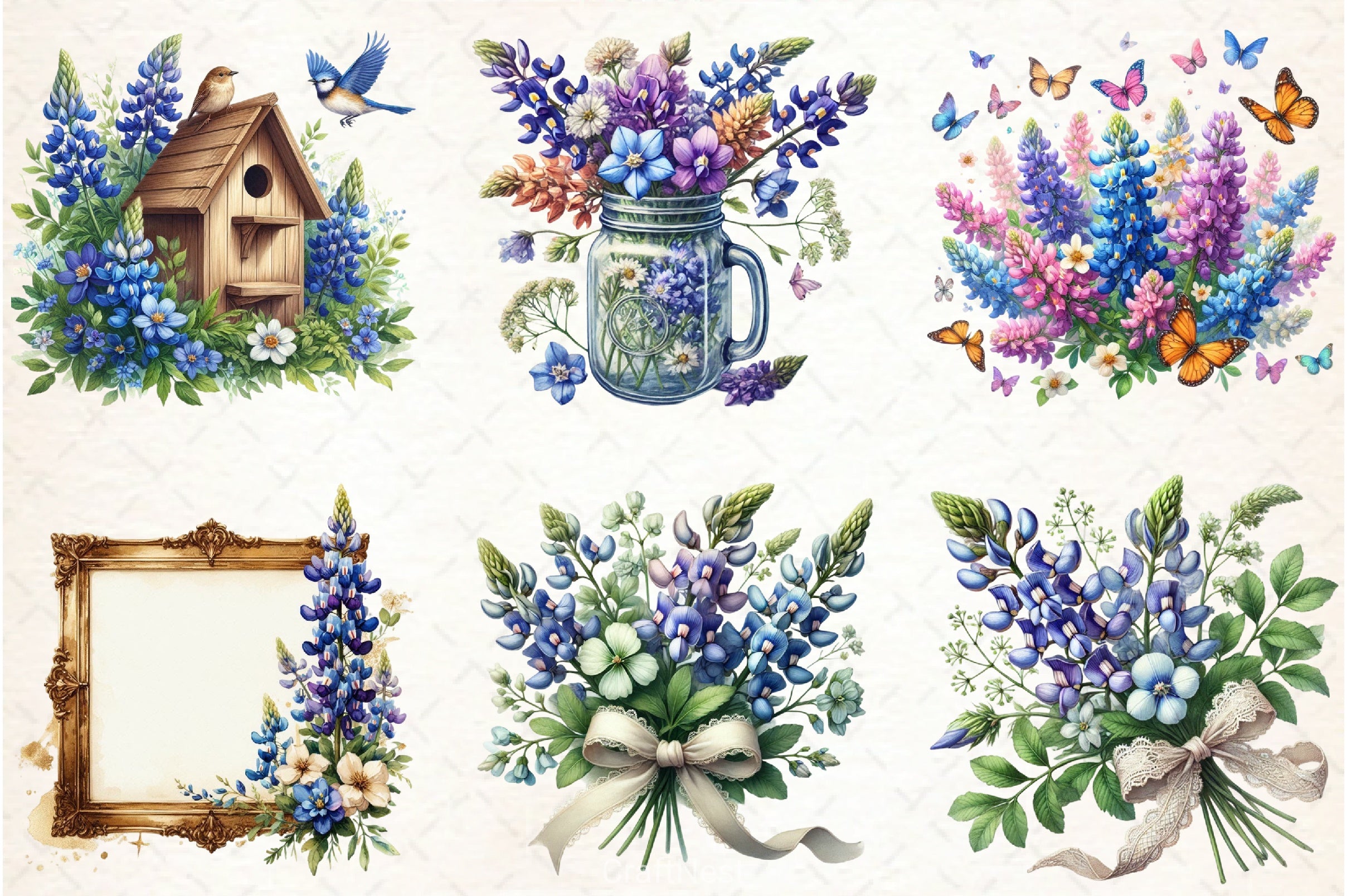Vintage Blue Bonnet Flowers Clipart Bundle - CraftNest - Digital Crafting and Art