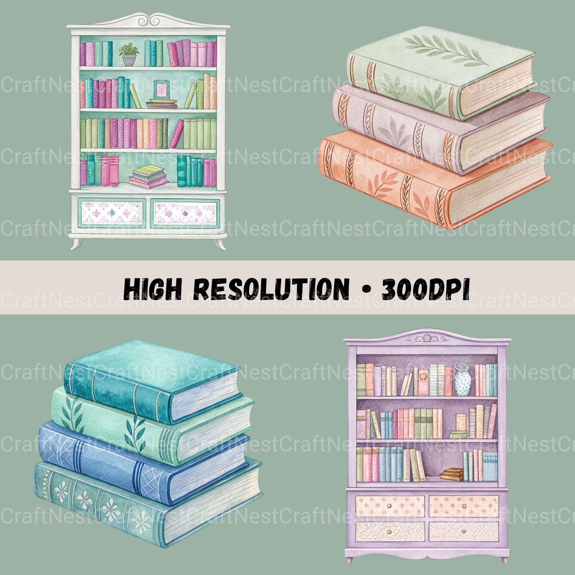 Books & Bookshelves Clipart Bundle - CraftNest - Digital Crafting and Art