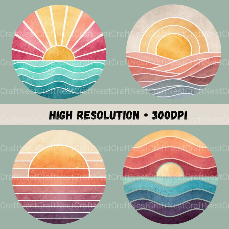 Retro Sunsets Circle Clipart Bundle - CraftNest - Digital Crafting and Art