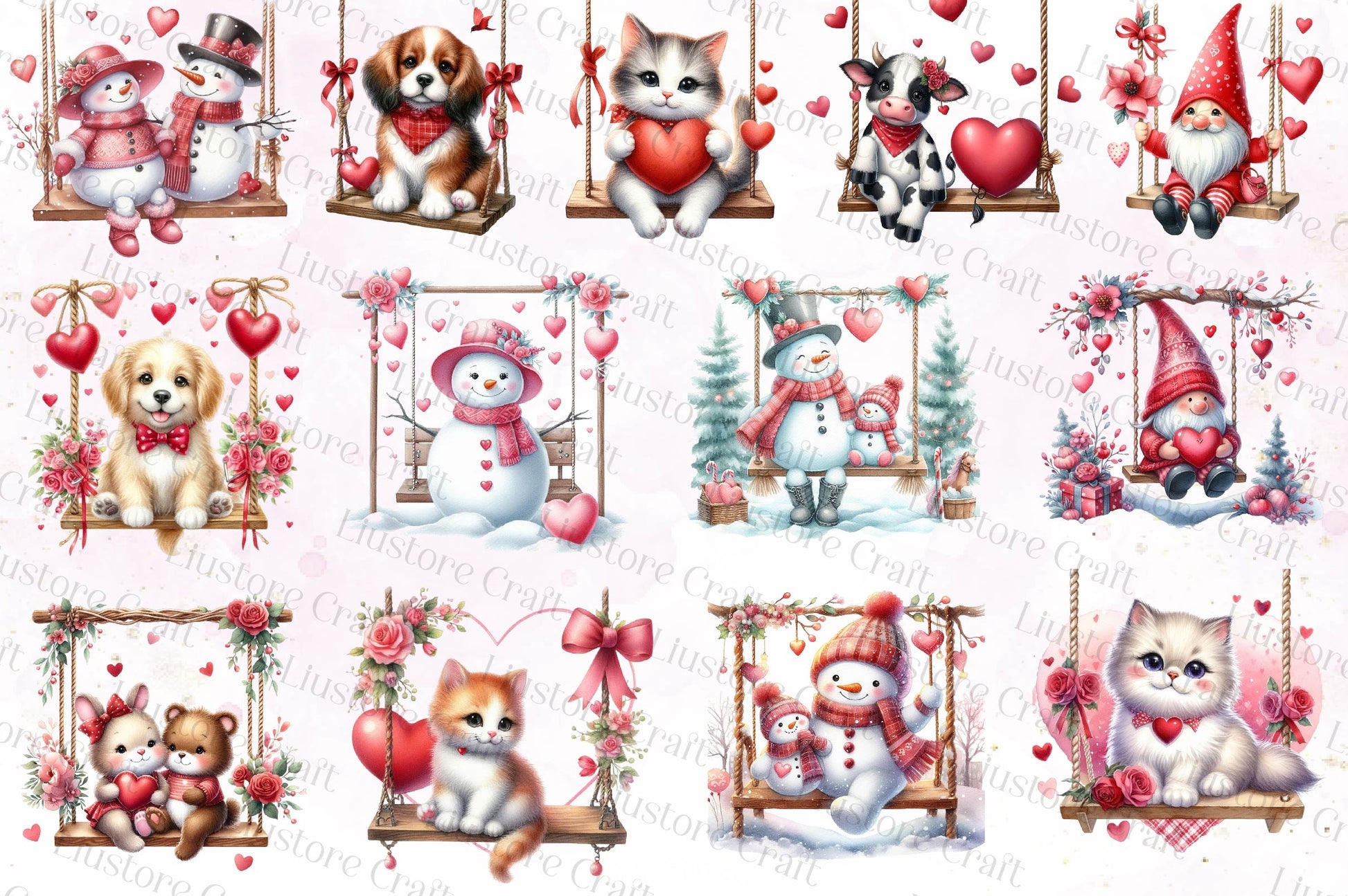 Valentines Animals On Swings Clipart Bundle - CraftNest - Digital Crafting and Art